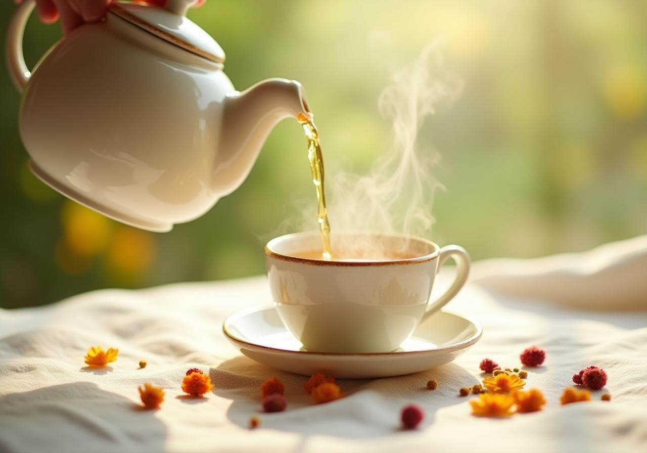 Artisanal herbal tea being poured into a ceramic cup amidst dried herbs