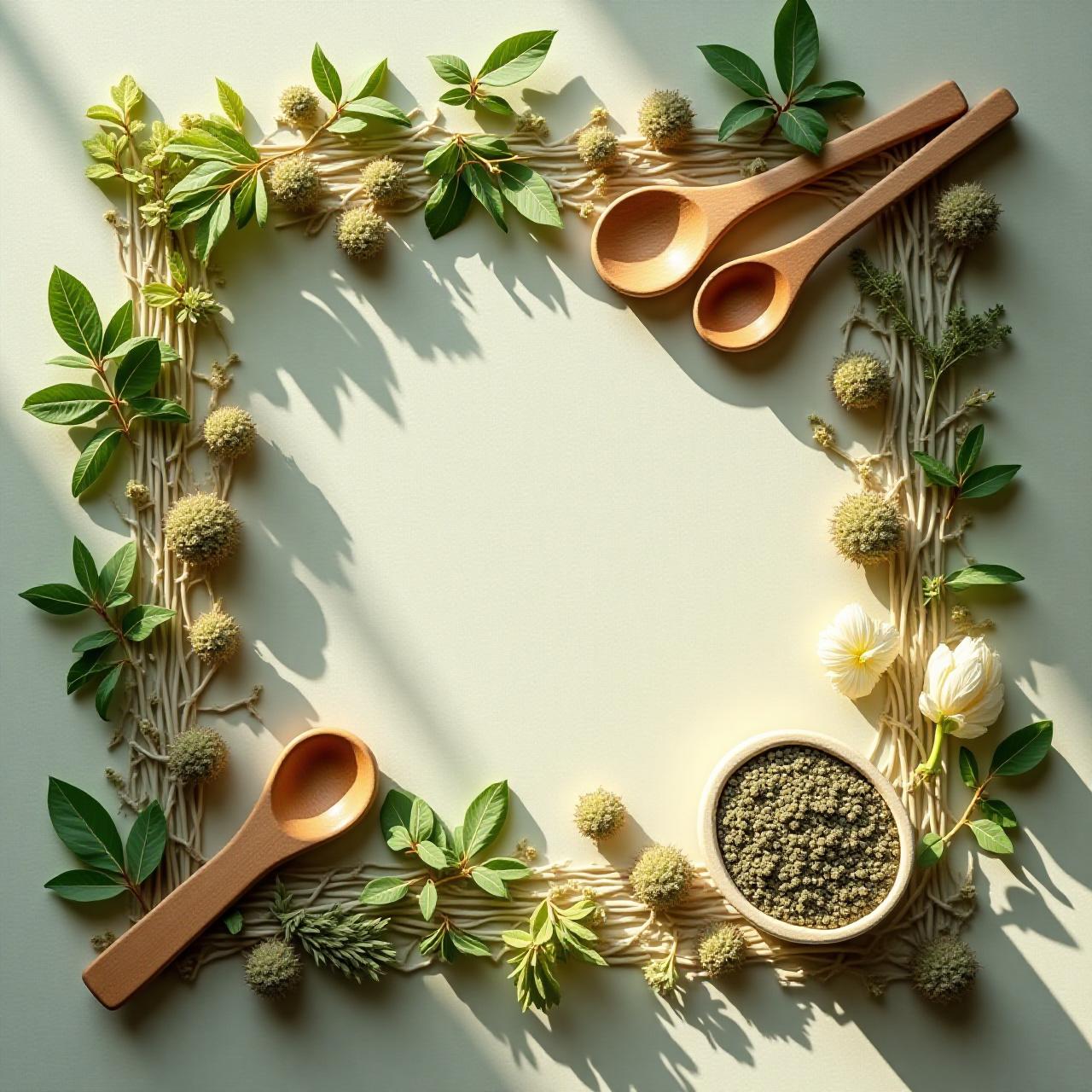 Artistic overhead shot of dried herbs and wooden tea tools