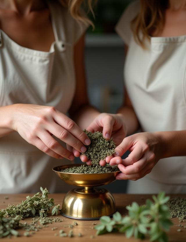 Professional herbalists preparing tea blends