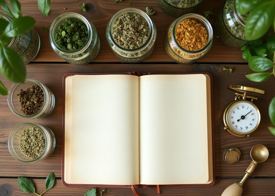 A wooden table with various dried herbs, jars, and educational notes