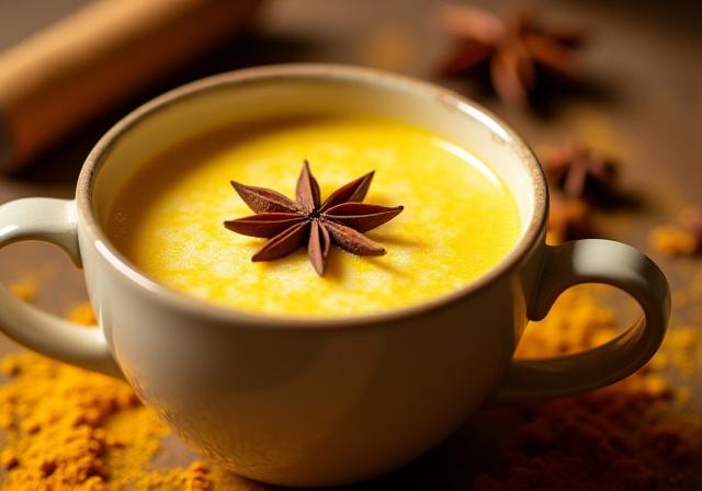 Warm golden turmeric latte with star anise