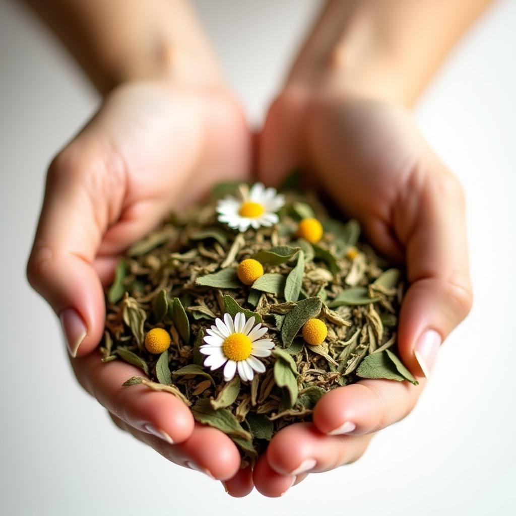 Soft hands cupping organic tea leaves on a clean white surface