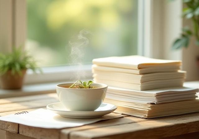 Stacked documents on a wooden table with a calming cup of herbal tea