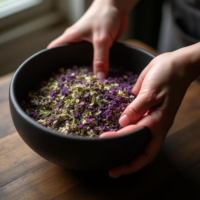 Herbalist preparing dried organic flowers for a custom tea blend