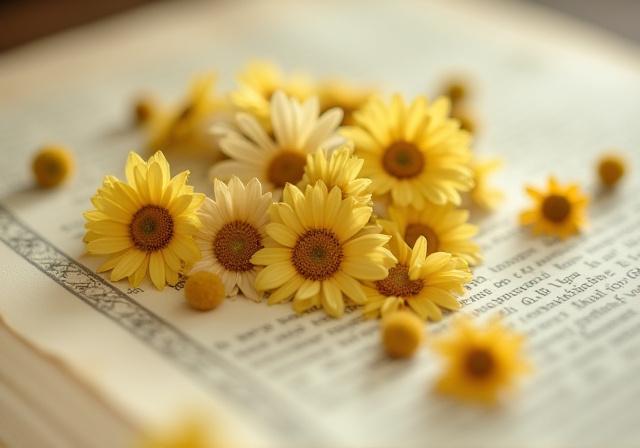 Dried chamomile flowers on antique paper